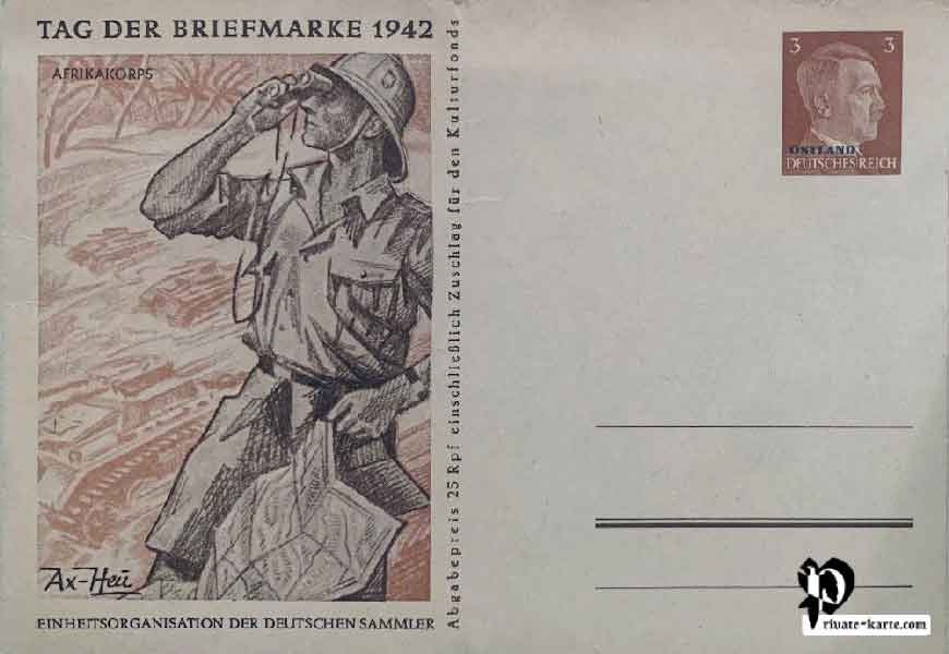 Soldat de l'Afrikakorps avec ses jummelles et cartes et tenu pour pays chaud et son casque Tropical avec des Panzer en arriére plan Timbre Hitler surchargé Ostland illustration Axster Heudtlass