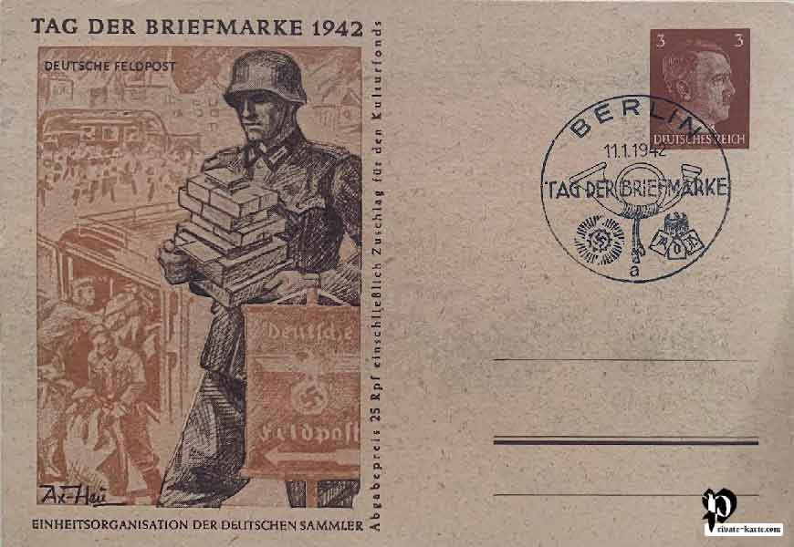 Soldat de Wehrmarcht avec pancaarte Deutsche Feldpost tenant du courier et colis illustration Axster Heudtlass