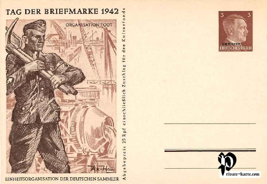 Travailleur de l'organisation Todt avec béche et pioche an arriére plan une usine illustration Axster Heudtlass