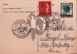 Verso carte postale utilisé avec 2 tampons PaseWalk hospital militaire du führer et timbre Htiler rouge deutsche reich et un timbre pré-imprimé ein volk ein reich ein fuhrer