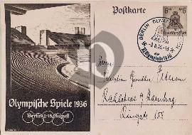 Recto carte postale ancienne	photo du stade olympiques de Berlin 1936 tampon de la cloche olympiques avec les 5 anneaux  timbre pré-imprimé la cloche des JO 1936