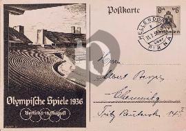 Recto carte postale Photo du stade olympique de Berlin 1936 avec les anneaux des jeux olympiques tampon ville Hellendorf et timbre pré-imprimé la cloches des jeux olympiques deutsche reich
