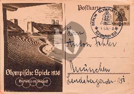 Recto carte postale Stade des Jeux olympiques d'été 1936 Berlin tampon et timbre pré-imprimé de la cloche des jeux olympiques de Berlin 1936