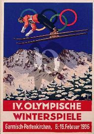 Recto carte postale skieur à saut sur fond du ciel, montagnes et des anneaux des Jeux olympiques d'Hiver Février 1936