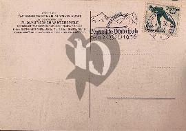 Verso carte postale timbre Jeux olympiques d'Hiver 1936 et tampon des JO Winterspiele 1936