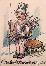 Recto carte postale ancienne	petit bonhomme nu tirant une luge avec un brassard NSDAP à croix gammée WHW secours d'hiver allemand 1934