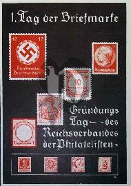 Recto carte postale ancienne	timbre rouge croix gammée deutsche reich allemagne sur fond maron journée du timbre 1936