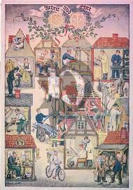 Recto carte postale ancienne, inscription Travail et Honneur on voit des artisants Allemands travaillés 1936