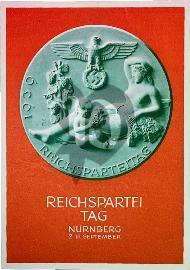 Recto carte postale ancienne, médaille Allemande reichsparteitag 1939 sur fond rouge inscit Reichsparteitag Nuremberg 