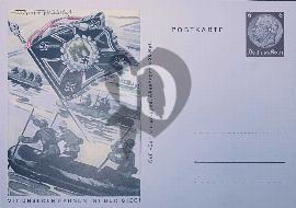 Recto carte postale ancienne	drapeau des pionniers de l'armée Allemande sur canoé illustration Axster-Heudtlass avec timbre pré-imprimé Hindenburg Deutsche Reich