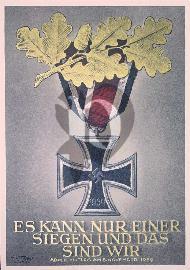 Recto carte postale ancienne	décoration militaire croix de fer avec feuilles de chêne avec croix gammée et citation d'Hitler Un seul peut gagner et c'est nous