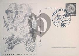 Recto carte postale ancienne	insigne infanterie wehrmacht deux soldats avec leur casque et tampon tag der briefmarke 1941 timbre pré-imprimé deutsche reich Hindenburg illustration Axster-Heudtlass