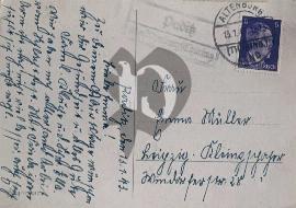 Verso carte postale utilisé écrit en Sutterlin datant de 1943 avec timbre Hitler Deutsche Reich 6 violet et tampon Altenburg