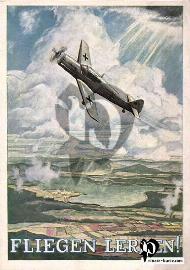 Recto carte postale ancienne	avion dans le ciel Messerschmitt Bf 109 gris avec vue sur des champs et montages