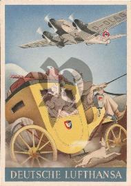 recto carte postale ancienne	avion Junkers Ju-52 dans le ciel passant au dessus d'une diligence jaune avec bagage sur le toit un chauffeur et une femme à la fenêtre admirant l'avion passé