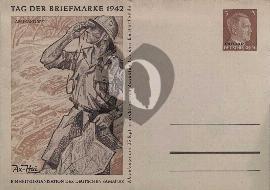 Recto carte postale ancienne	timbre Hitler Deutsche reich surchargée Ostland et un soldat de l'Afrikakorps regardant  au jumelle et avec une carte sur fond de panzer