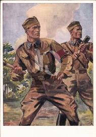 Recto carte postale ancienne	des SA (Sturmabteilung) en tenue brune avec brassard nazi lance des grenades à bâton Allemagne 1938