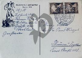 Verso carte postale ancienne utilisée avec un tampon et deux  timbres Breslau 1938 Turn und sportfest
