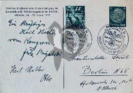 Verso carte postale utilisé avec tampon du 30 janvier 1938 de la prise du pouvoir NSDAP Munchen avec aigle swastika timbre hinderburg et timbre avec un blond et un flambeau à la main du 30 Janvier