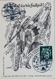 Recto carte postale ancienne dessin d'un soldat de la wehrmacht avec un drapeau de division blanc/noir à croix gammé avec un aigle au millieu avec 2 tampons de Vienne et un timbre de la  journée du timbre (tag der briefmarke) 1941
