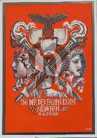 Recto carte postale ancienne	rouge avbec deux flambeaux croisés deux masques et deux mains tenant un baton avec l'aigle à croix gammée dessus 1939