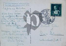 Verso carte postale ancienne utilisée inscription officielle carte postale pour la journée de l'art allemand, timbre et tampon tag der deutschen kunst 1939