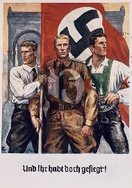 Recto carte postale 3 hommes avec drapeau rouge nazi à croix gammée devant le mémorial à Munich des morts du 9 Nombre 1923, un bavarois, un SA Mann, 