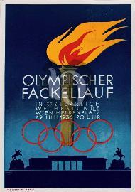 Recto carte postale ancienne flamme olympique avec les anneaux sur fond bleu inscription Relais Olympique à Vienne 29 juillet 1936 