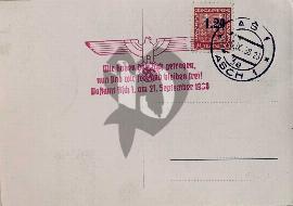 Verso carte postale ancienne	 vierge tampon ville de asch et tampon rouge avec aigle et swastika du 21 septembre 1938