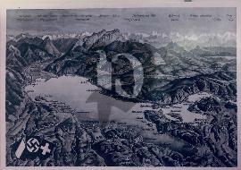 Recto carte postale ancienne panorama du lac de Constance entre l'Allemagne, l'Autriche et la Suisse 1940 avec 3 fanions des pays