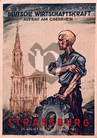 Recto carte postale ancienne	cathédrale de Strasbourg avec homme blond type aryan se relevant les manches tenant une roue crantée 