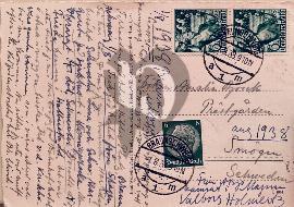 Verso carte postale utilisé tampon de ville Braunschweig et timbre Deutsche Reich d'Hinderburg vert et 2 timbres du 30 janvier fête de la prise de pouvoir du NSDAP avec un porteur de flambeau