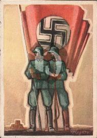 Recto carte postale Soldats SS avec drapeau national-socialiste à croix gammée