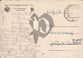 Verso carte postale Utilisé écrit en Sütterlin Feldpost Poste Militaire SS Totenkopf