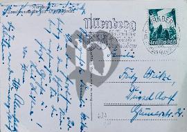 Verso carte postale utilisé tampon Nuremberg en Sütterlin avec armoiries Nuremberg, timbre Reichsparteitag 1936