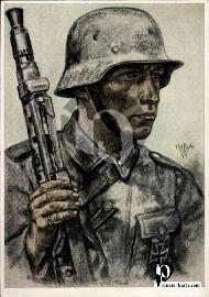 Recto carte postale soldat division Panzer avec casque, croix de fer et mitrallieuse