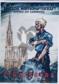 Recto carte postale cathédrale de Strasbourg avec un homme blond ouvrier avec une piéce mécanique se relevant les manches	