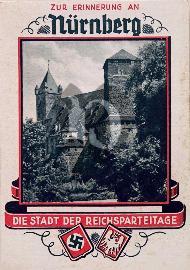 Recto carte postale anciennevu du chateau de nuremberg avec logo croix gammée et logo de la ville de Nuremberg