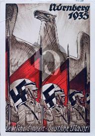 Recto carte postale aigle en grand et les SA (Sturmabteilung) de berlin képi noir tenant le drapeau rouge rond blanc et croix gammée de l'Allemagne national-socialiste	1935