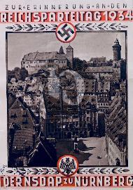 Recto carte postale ancienne vu sur le chateau et la place de nuremberg 1934 avec croix gammée et logo de Nuremberg