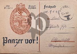 Recto carte postale Feldpost insigne de combat Panzer inscription Panzer Vor, tampon Feldpost	