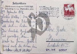 Verso carte postale tampon Sütterlin, timbre rouge Nuremberg 1936
