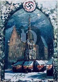 Recto carte postale croix gammée avec neige, église et marché de noel à Nuremberg 