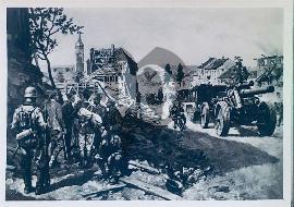 Recto carte postale tableau de l'armée Allemande entrant en ville aprés de durs combats