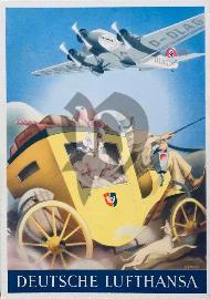recto carte postale ancienne	avion Ju 52  de Transport de courier dans le ciel bleu et une diligence jaune avec un conducteur et une femme à l'intérieur et un chien qui court