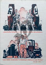 Recto carte postale citation de Bernhard Kohler, ouvrier devant une usine avec son grand marteau et deux hommes tenant le drapeau national-socialiste 