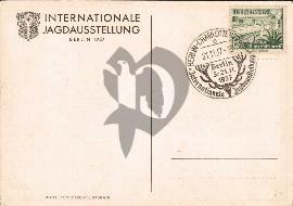 Verso carte postale ancienne, inscription Internationale Jagdausstellung Berlin 1937, avec tampon µBerlin-charlottenburg et timbre deutsche reich du winterhilfswerk 1937