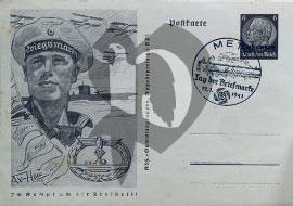 Recto carte postale ancienne type militaria Décoration U-boot Kriegsmarine uboot en mer avec un marin artiste couple axter-heudtlass, tampon ville de Metz timbre surchargée Lothringen (moselle)