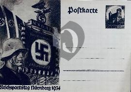 Recto carte postale ancienne soldat SS avec étendart avc aigle inscrit Deutschland Erwacht swastika tampon pré-imprimé Deutsche reich avec chateau de nuremberg