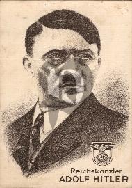 recto carte postale ancienne dessin du portait d'Adolf Hitler inscrit Reichskanzler Adolf Hitler avec un blasson a croix gammée